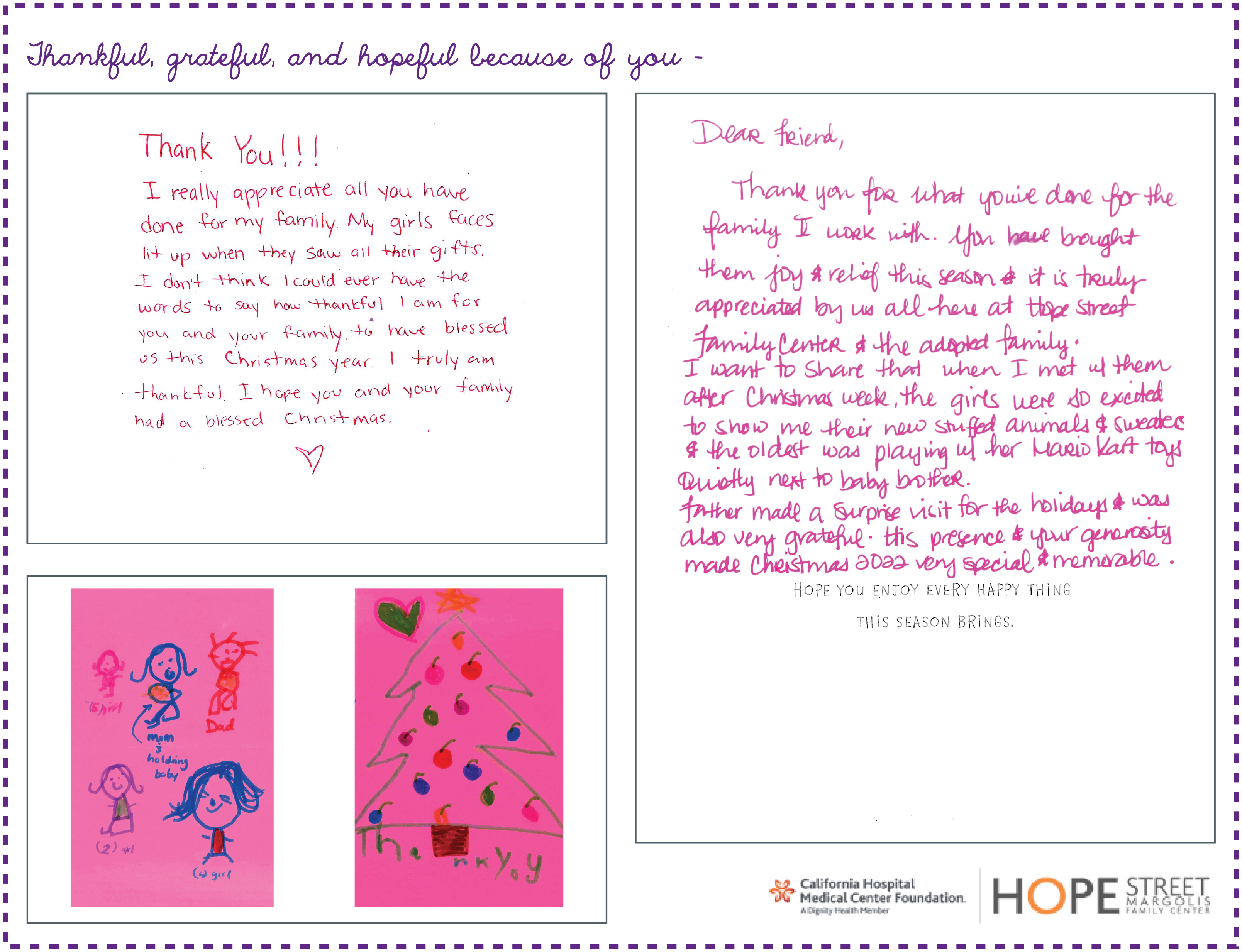 Thank you notes from a family who benefitted from Celebrate a Family for Hope for the Holidays