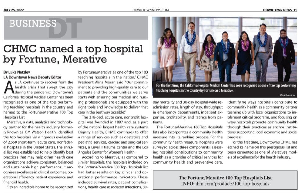 July 25, 2022 Los Angeles Downtown News article about CHMC being named a top teaching hospital