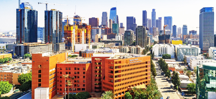 Aerial view of CHMC against DTLA skyline